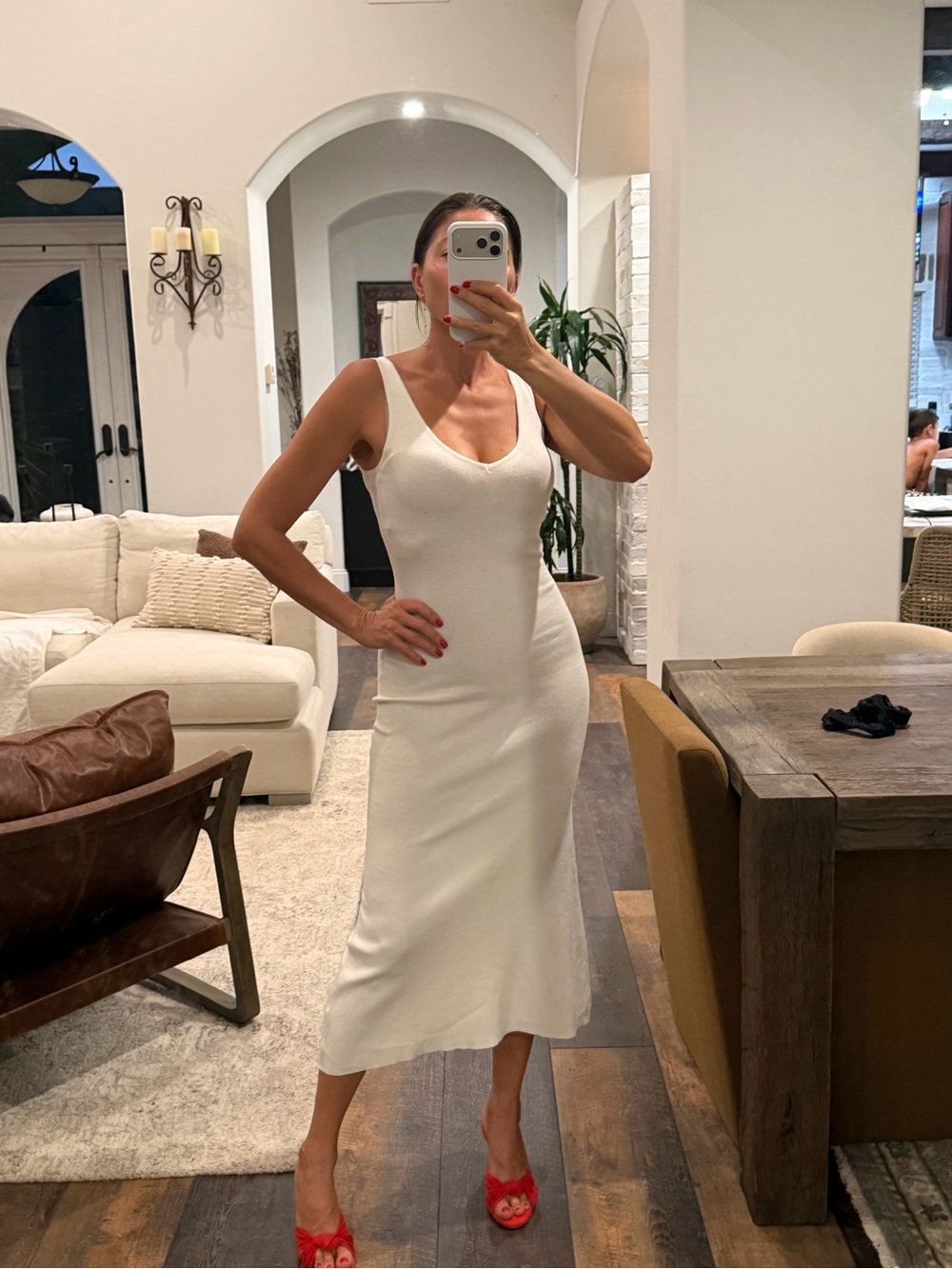 Scoop-Neck Cream Midi Knit Dress